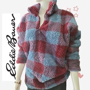 Eddie Bauer Red and Purple Checkered Fleece Pullover Sz L